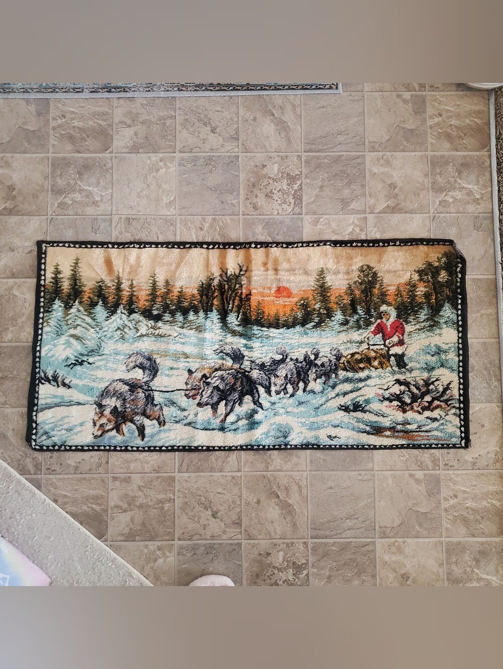 VINTAGE ITALIAN WOVEN PLUSH VELVET DOG SLED WINTER TAPESTRY WINTER MUSHING.